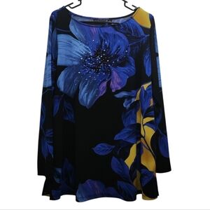 Susan Graver Artisan Long Sleeve Tunic Floral Blue Yellow Embellished Travel L